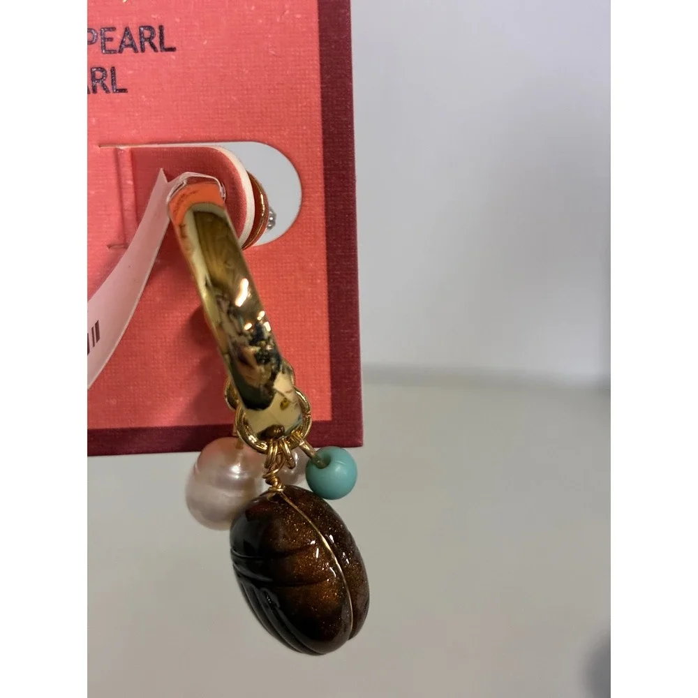 House of Harlow Gold Tone Freshwater Pearl Glass Pearl Scarab‎ Hoop Earrings NEW